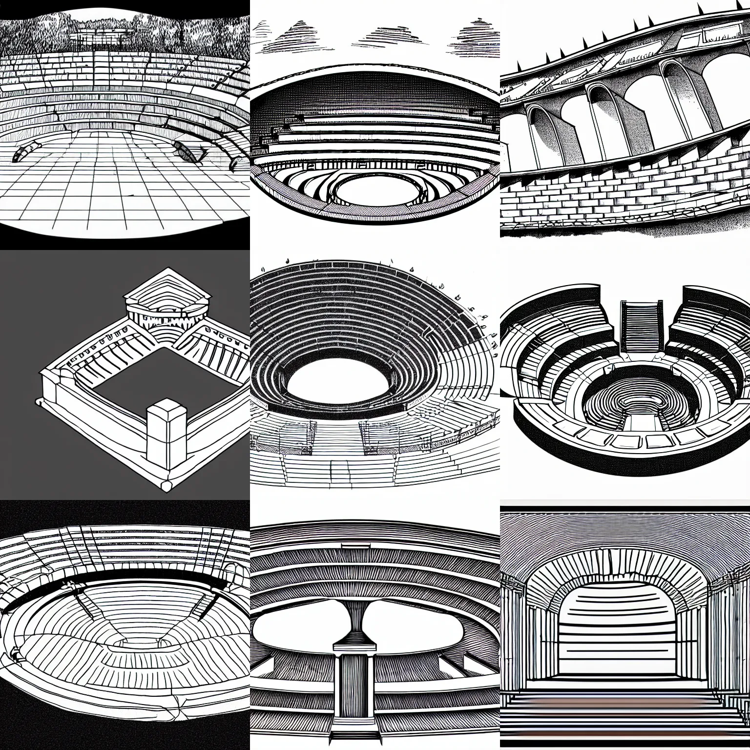 Prompt: a stephen biesty cross - section of simplified ancient amphitheater, vector trace, wide shot!!!!!!, sketch - up, white background