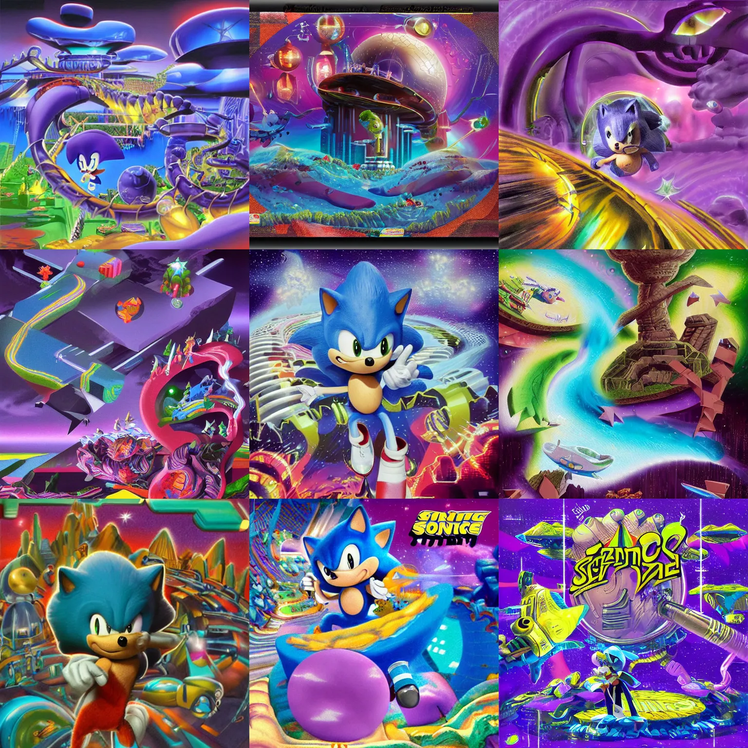 Prompt: dreaming of sonic hedgehog portrait deconstructivist claymation scifi matte painting landscape of a surreal stars, jazz cup detailed professional soft pastels high quality airbrush art album cover of a liquid dissolving airbrush art lsd sonic the hedgehog swimming through cyberspace purple teal checkerboard background 1 9 9 0 s 1 9 9 2 sega genesis rareware video game album cover