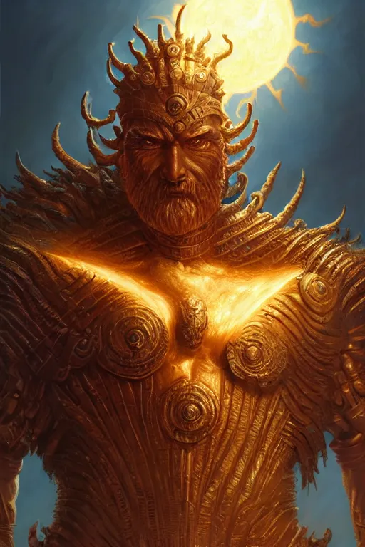 Image similar to humanoid god of the sun, highly detailed, d & d, fantasy, hyper detailed, digital painting, trending on artstation, apollo, concept art, sharp focus, illustration, art by artgerm and magali villeneuve and greg rutkowski and michael whelan, cryengine, 8 k realistic atmospheric lighting, frostbite 3 engine