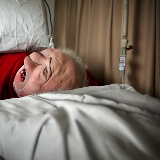 Image similar to delirious elderly clown supine in hospital bed, strapped into bed with restraints, trying to get out but unsuccessful, photograph, 8 k