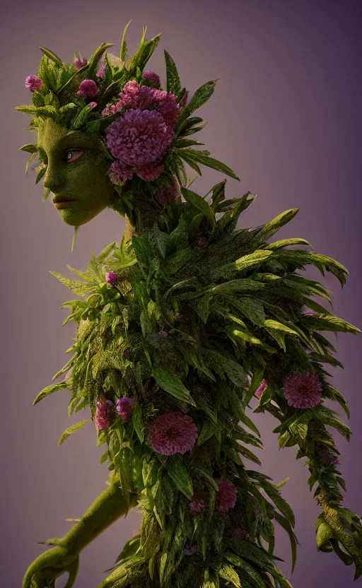 Image similar to a plant creature, foliage, plant filaments, flowers, humanoid shape, full body, photorealistic, 4 k, octane render, cinematic lighting, artistic photography, insanely detailed and intricate