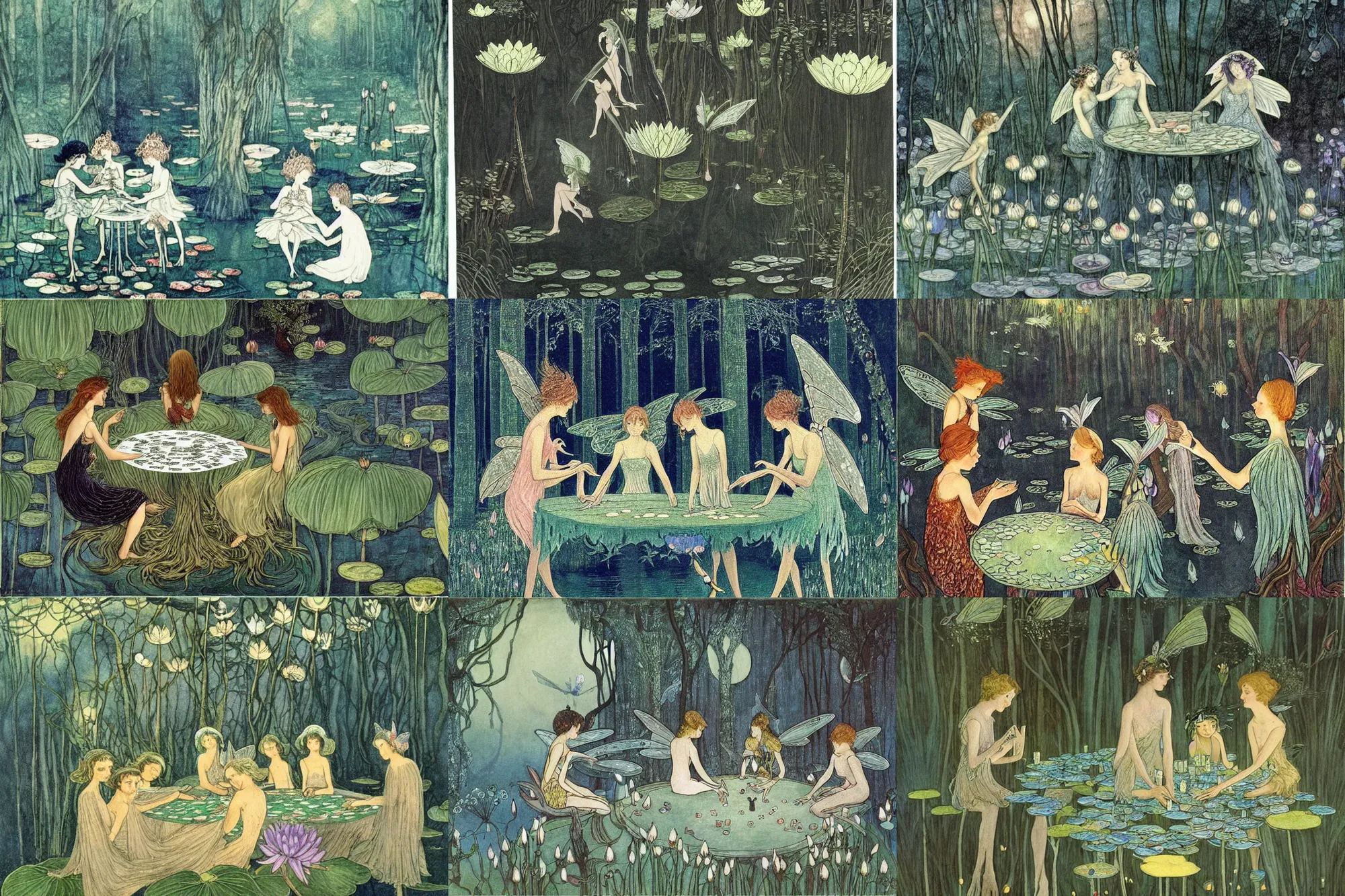Prompt: a group of gracious winged fairies playing cards on a table in an atmospheric moonlit forest next to a beautiful pond filled with water lilies, artwork by ida rentoul outhwaite, fairies have wings