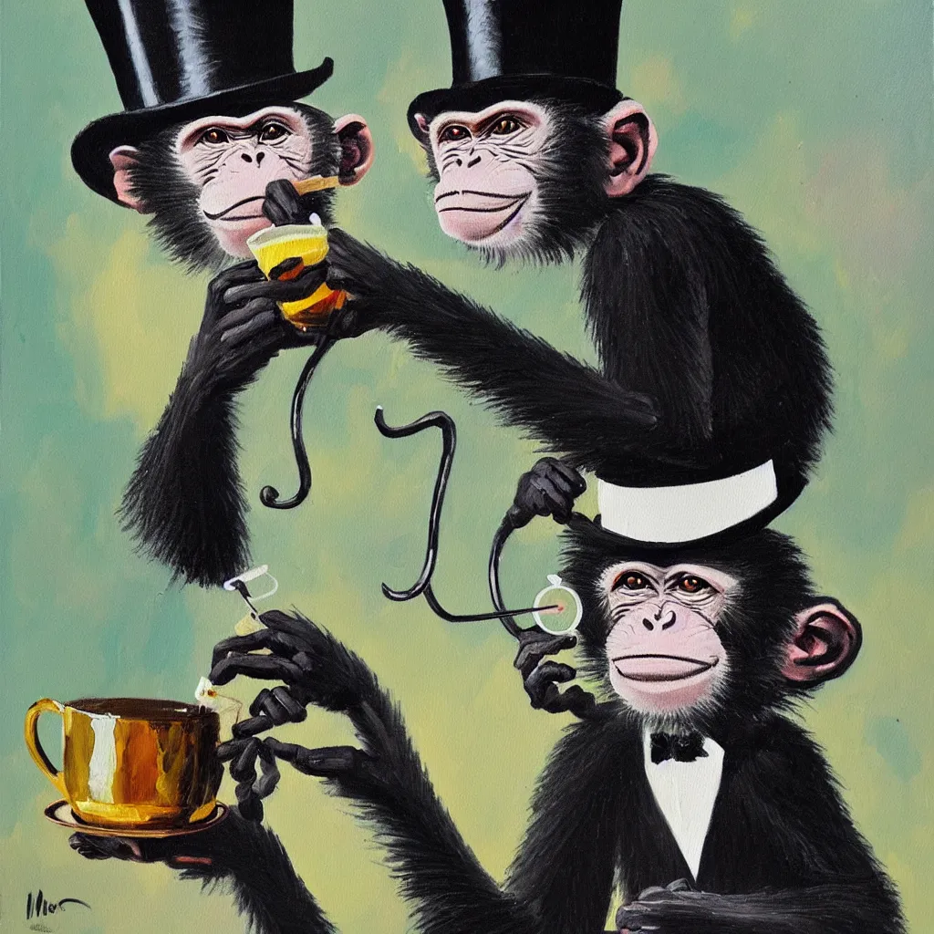 Prompt: a monkey wearing a monocle and a top hat drinking tea, brush strokes, oil painting, masterpiece