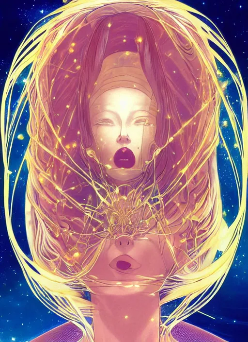 Image similar to a golden woman 2/3 figurative anime portrait, in space, head breaking apart and spiraling geometry into the sky upwards into another dimension, lazer light beaming down to top of her head, by moebius and Yoshitaka amano