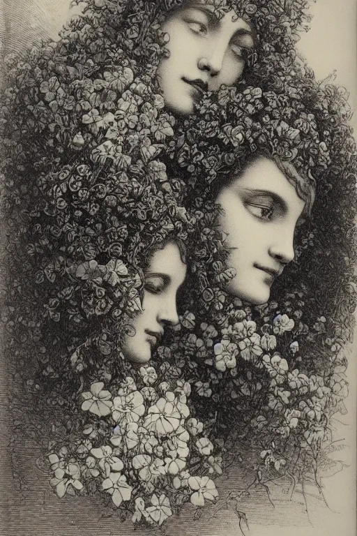 Image similar to black and white, women faces in flowers, Gustave Dore lithography