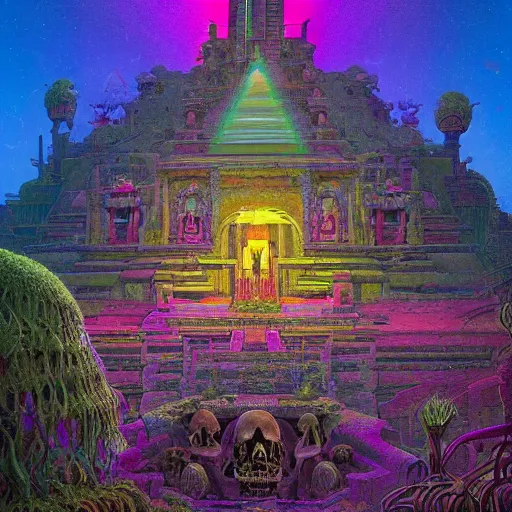 Prompt: overgrown jain temple of death with glowing mayan rainbow skulls, by michael whelan and moebius and beeple and kilian eng and dan mcpharlin and pascal blanche and jamie hewlett and richard dadd, symmetrical, magical stormy reflections, smoke on water, 8 k hi - res, acid, metropolis disco laser rays