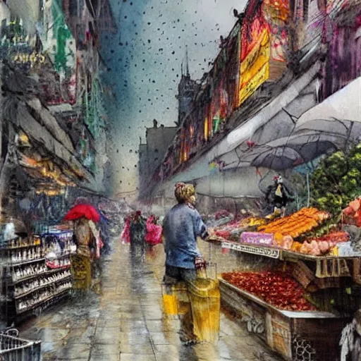 Prompt: hyper realistic an detailed epic concept matte art painting of a food market festival by banksy, carne griffiths and monet. Street photography. Watercolor finishing. rainy day.