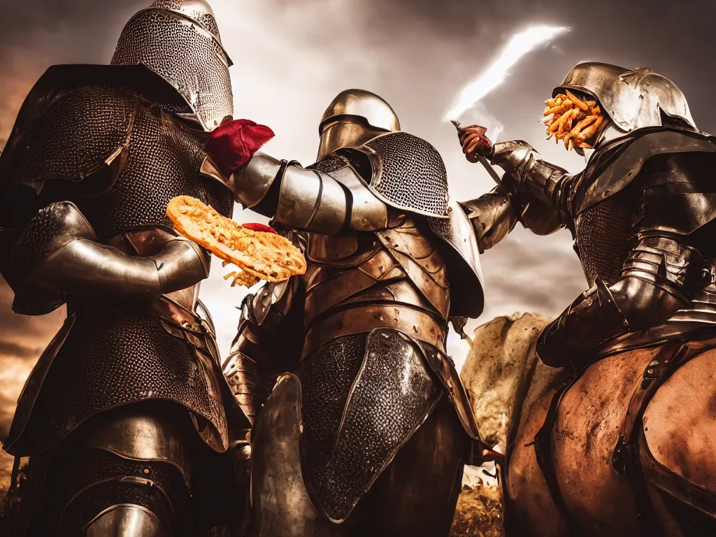 Image similar to A medieval knight fighting with a lady who stole his hamburger, 50 mm lens photo portrait, intricate, cinematic lightning, epic battle, epic composition