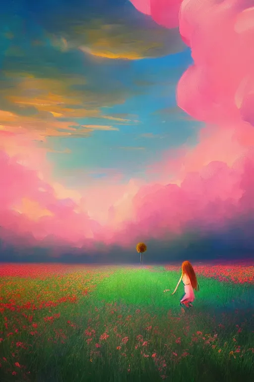 Image similar to giant flower head, girl walking in a flower field, surreal photography, sunrise, dramatic light, impressionist painting, colorful clouds, digital painting, artstation, simon stalenhag