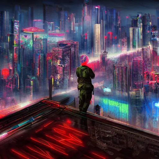 Image similar to Neon city, soldier standing on roof of large building, looking over city, Sergey Zabelin, cyberpunk, high detail, photo realistic, art station