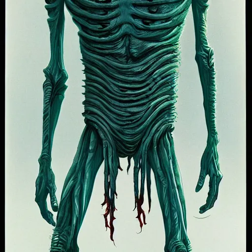 Image similar to a hyper detailed filmic realistic atmospheric full body backlit establashing wide shot semi symmetrical film 30mm color photograph of the alien organism creature with multiple human limbs and grotesque distorted human face mutating from The Thing 1982 in the style of John Carpenter horror movie