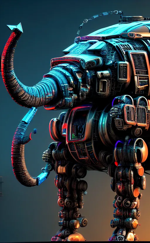 Image similar to hyper realistic and higly detailed photo of a cyberpunk mech elephant. full elephant is seen. intricate, wiring, electronic components, color diodes. volumetric light. professional digital art, lotr style, extremly detailed, trending on artstation, stuning, octane render, unreal engine 5, 8 k rendering.