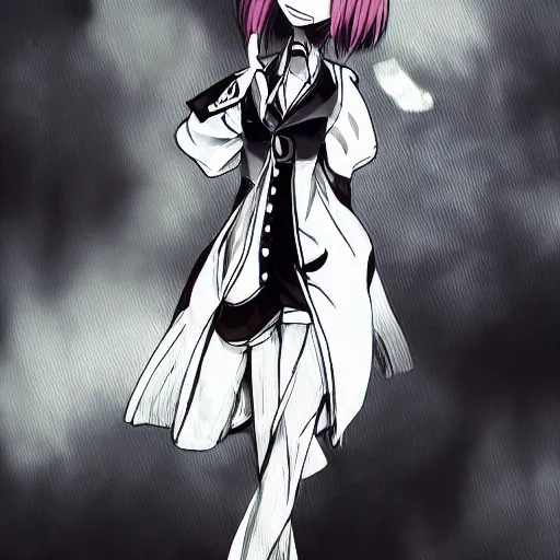 Image similar to Character design of an anime girl with short white hair and black eyes wearing three piece suit in the style of Yoshitaka Amano, abstract black and white background with lines, film grain effect, highly detailed, soft gradients