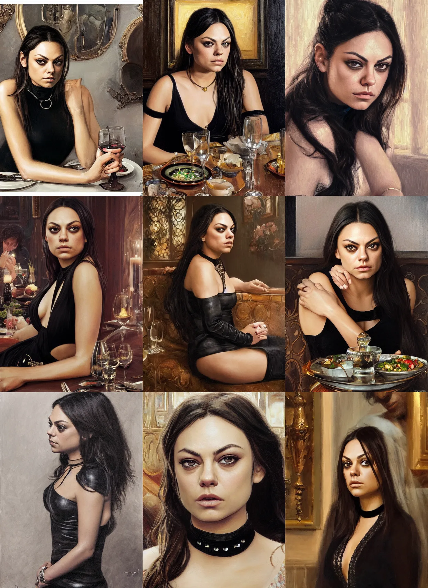 Prompt: mila kunis sitting across the camera wearing a black choker staring into the camera in an expensive restaurant, point of view, intricate, elegant, tasteful, highly detailed, shallow depth of field, artgerm, donato giancola, joseph christian leyendecker