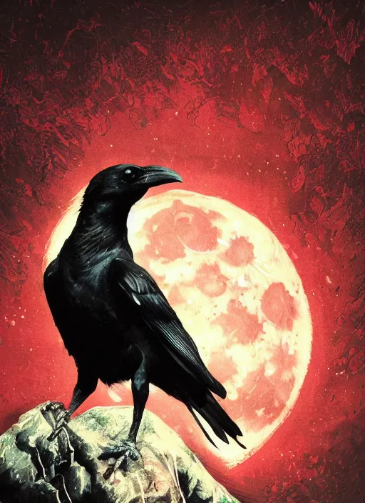 Image similar to portrait, A crow in front of the full big moon, book cover, red white and black colors, establishing shot, extremly high detail, foto realistic, cinematic lighting, pen and ink, intricate line drawings, by Yoshitaka Amano, Ruan Jia, Kentaro Miura, Artgerm, post processed, concept art, artstation, matte painting, style by eddie mendoza, raphael lacoste, alex ross