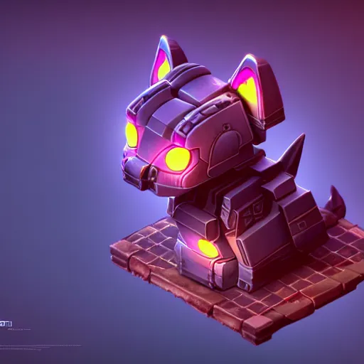 Image similar to Isometric 3D Fantasy Cute Cat Mecha, Smoth 3D Illustration, Cinematic Matte Painting, soft render, Servando Lupini, handpaint texture, Blender, 3DCoat