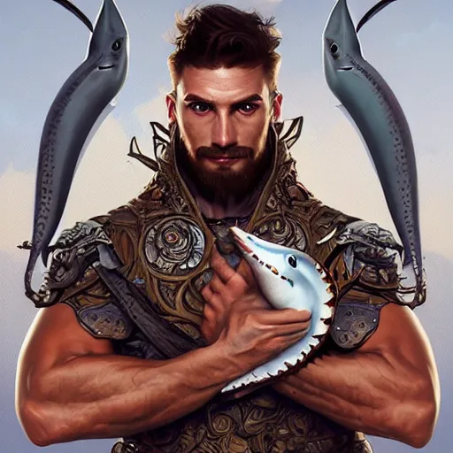 Image similar to portrait of anthropomorphic shark warrior, muscular, casual sport clothes, fantasy, horror, intricate, elegant, highly detailed, digital painting, artstation, concept art, matte, sharp focus, illustration, art by Artgerm and Greg Rutkowski and Alphonse Mucha