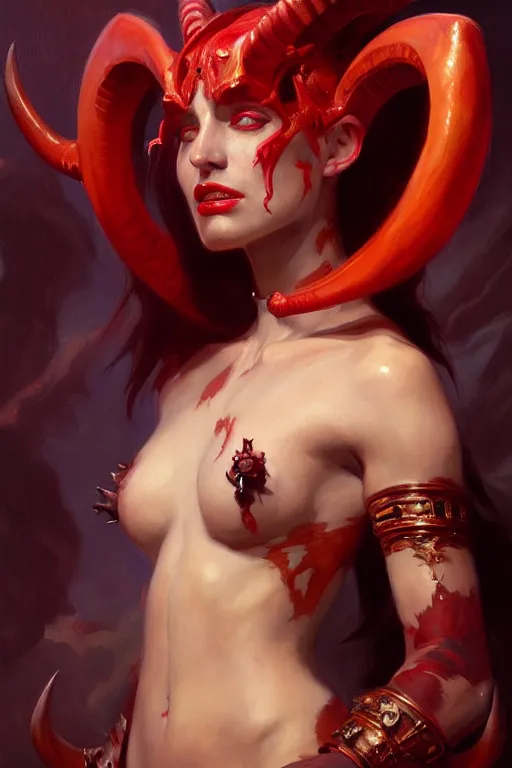 Image similar to painted close - up portrait of a very attractive red - skinned intimidating demon alien girl with ram horns! oil painting, wearing a noblewoman's outfit, fantasy art by john singer sargent and gaston bussiere and james jean and greg rutkowski, demon noble character design, hd