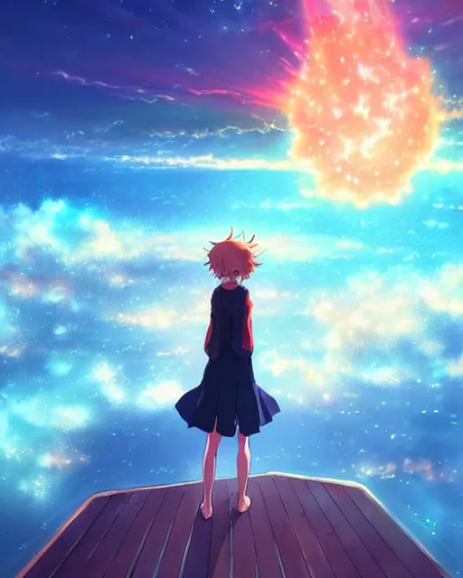 Image similar to a beautiful photo of a girl standing on a pier looming up at a supernova in the sky, beautiful compsition, epic photo, dramtic lighting, dim ， by makoto shinkai an krenz cushart