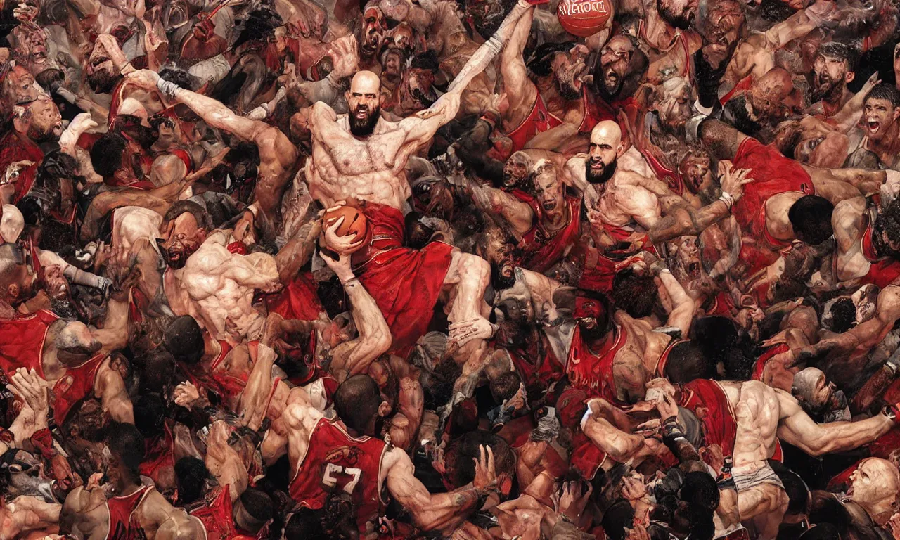 Prompt: a detailed digital art rendition of kratos as lebron james throwing basketballs in a mosh pit, art by norman rockwell