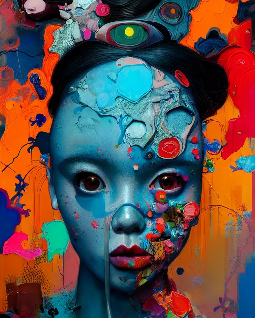 Image similar to portrait, most beautiful form of chaos, mixed media, a brutalist designed, vivid colours, cryptic, mystical, pop surrealism by james jean, roby dwi antono, ross tran, steven kenny, paul neberra, ashley wood, atmospheric, trending on artstation. 8 k masterpiece.