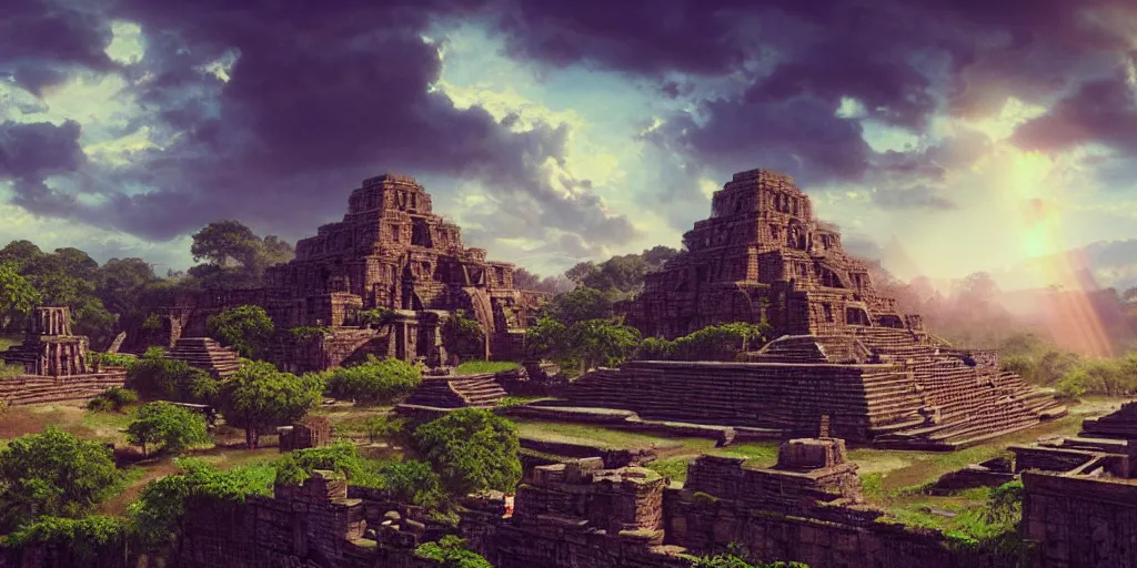 Image similar to beautiful aztec temple overrun by nature, gorgeous clouds, god rays, digital art, landscape, fantasy art, octane render, ureal engine, high detail, very realistic, by greg rutkowski. by james gurney