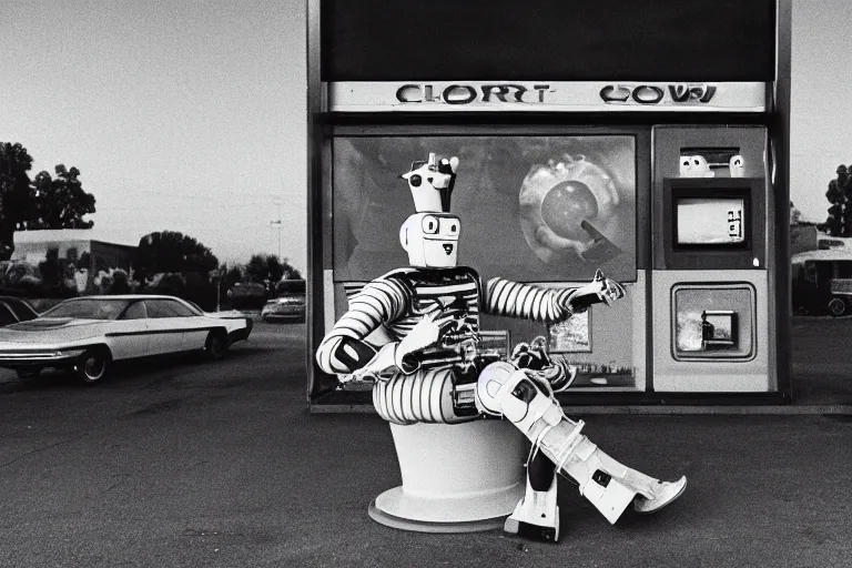 Image similar to robot clown relaxing at a california drive in, in 1 9 7 2, cutecore clowncore, bathed in the the glow of the sunset, low - light photograph, in style of tyler mitchell