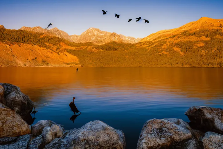 Prompt: beautiful landscape photo of a lake with mountains in the background, dusk, two cranes flying across the sun, sun rays hitting the pebbles in the foreground and the lake, 35mm, low angle, rule of thirds