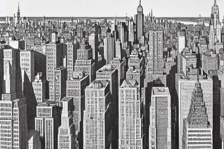 Prompt: a realistic Manhattan cityscape, from the roof, tall terrace, Empire state building, houses, parks, by Louis Wain (1920), golden ratio, sharp linework, clean strokes, sharp edges, flat colors, cell shaded by moebius, Jean Giraud, trending on artstation