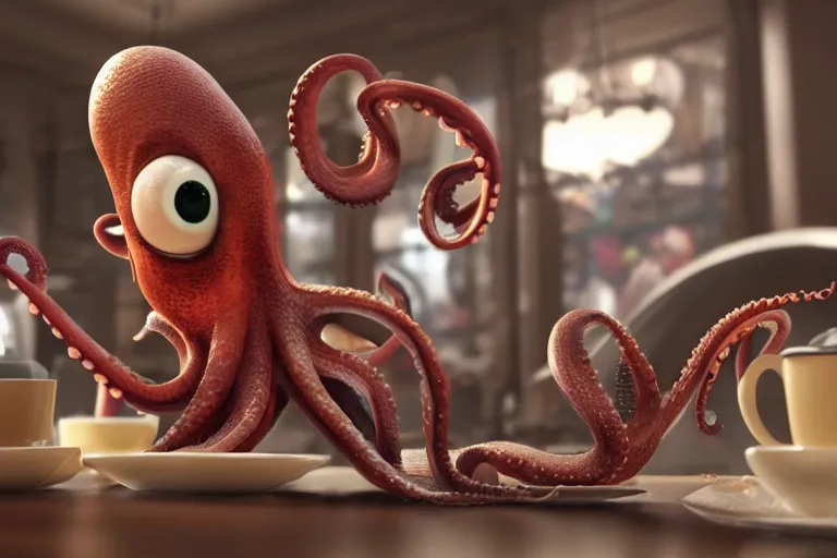 Prompt: Angry little octopus threaten with a fist when crawling out from a cup of coffee in beautiful morning café in Paris. Pixar Disney 4K 3d render funny animation movie Oscar winning trending on ArtStation and Behance. Ratatouille style