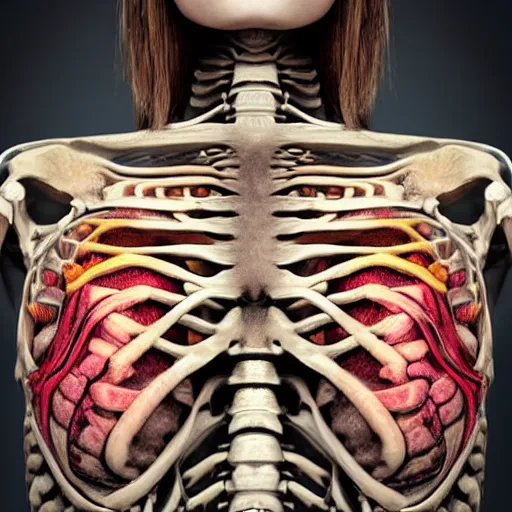 Image similar to eyes in every details of a skeleton woman torso, antique style, bright colors ultrawide lens, details, studio lighting, realism, complex lights