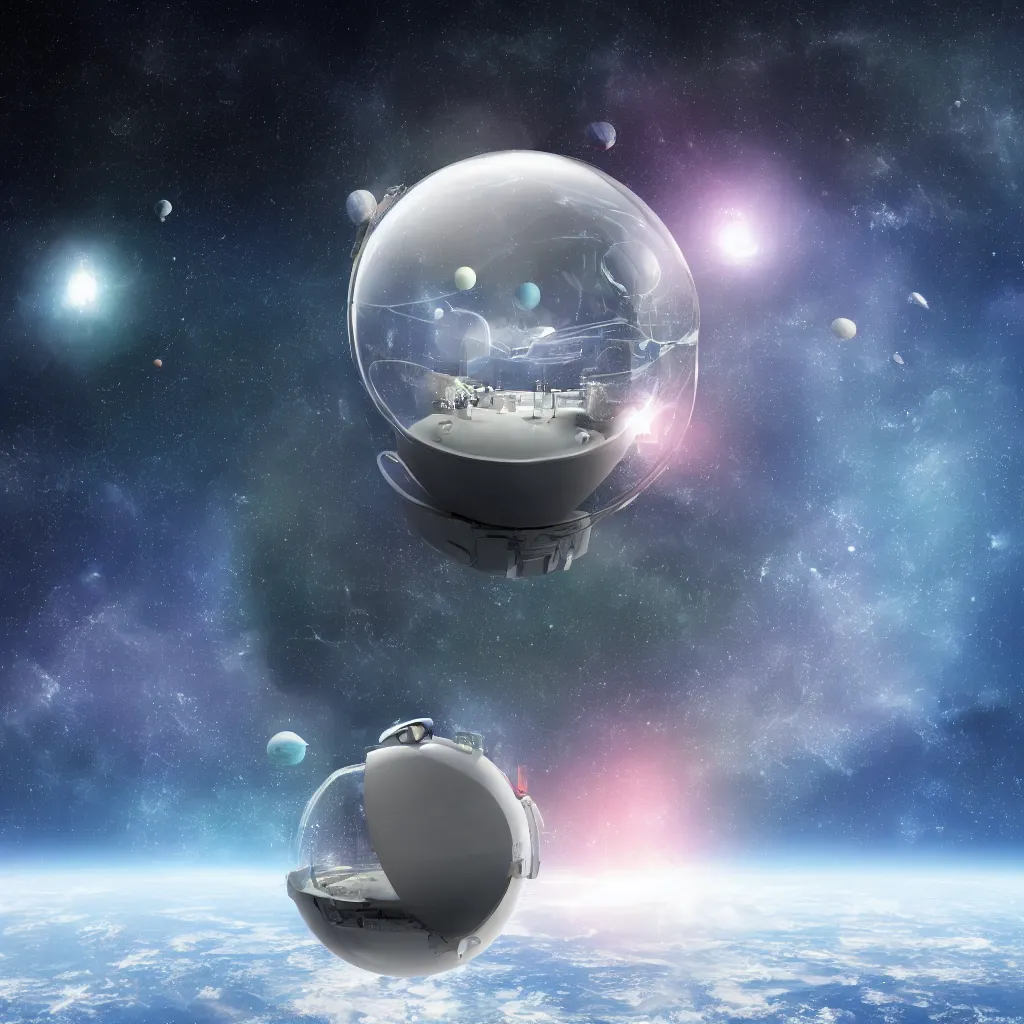 Image similar to an enormous transparent spherical capsule in the middle of outer space, digital art