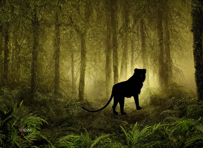 Image similar to professional wildlife photograph of a black lion standing in a foggy dark jungle at night, surrounded by dense dark trees at night, moss, ferns, cinematic lighting, apex predator, natgeo