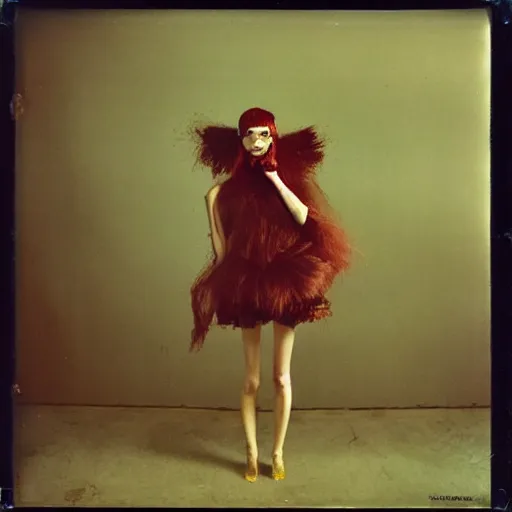 Image similar to kodak portra 4 0 0, wetplate, photo of a surreal artsy dream scene,, girl, weird fashion, grotesque, extravagant dress, carneval, animal, wtf, photographed by paolo roversi style