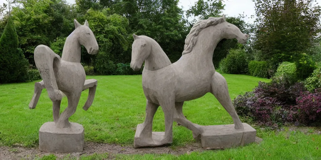 Image similar to folk art carved concrete statue of a horse rearing up, in an english cottage garden