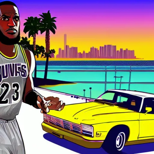 Prompt: Lebron James in GTA V . Los Santos in background, palm trees. in the art style of Stephen Bliss