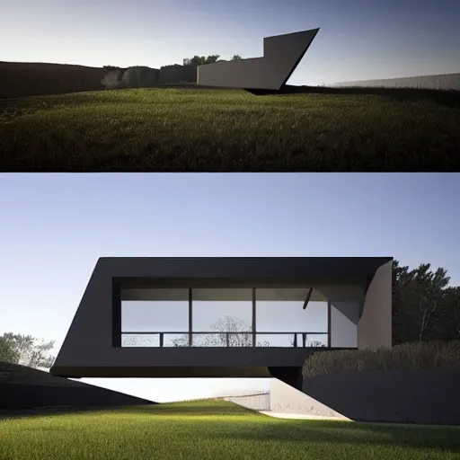 Prompt: a conceptual architecture sketch of a house with a sharp, triangular shape that is designed to deflect wind in the style of Laurent Chehere Filip Dujardin Dionisio Gonzales Lee Madgwick