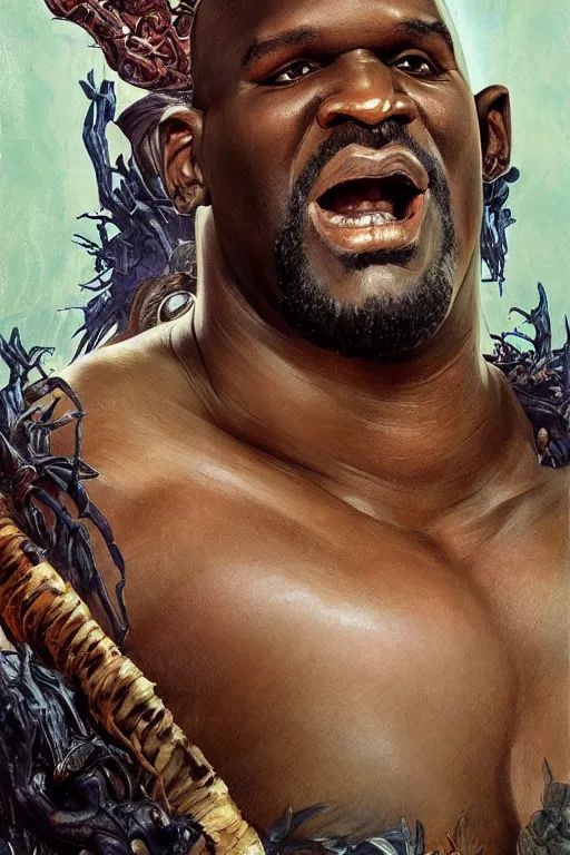 Image similar to portrait of shaquille o'neal as a hulking herculean demon, forest, godlike, full body, fantasy, intricate, elegant, highly detailed, digital painting, artstation, concept art, sharp focus, illustration, art by artgerm and greg rutkowski and alphonse mucha