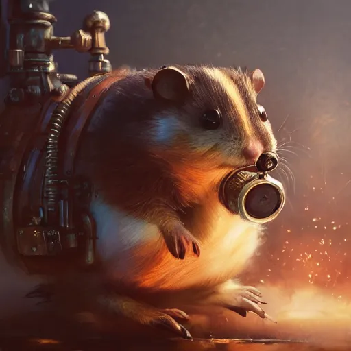 Prompt: oil painting of steampunk hamster on duck, , sharp focus, fantasy style, octane render, volumetric lighting, steampunk city, 8k high definition, by greg rutkowski, highly detailed, trending on art Station, explosions, magic the gathering artwork, centered