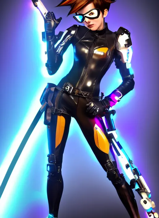 Image similar to full body digital artwork of tracer overwatch, wearing black iridescent rainbow latex, 4 k, expressive happy smug expression, makeup, in style of mark arian, wearing detailed black leather collar, wearing sleek armor, black leather harness, expressive detailed face and eyes,