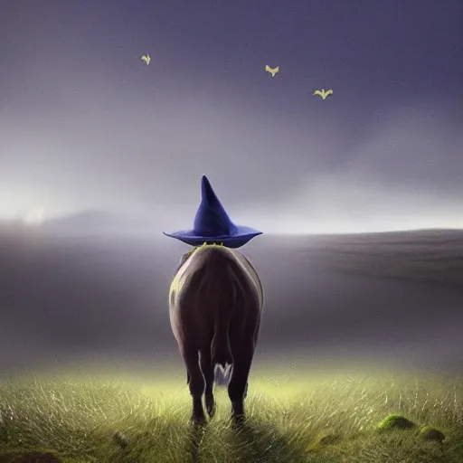 Prompt: a detailed matte landscape painting of a cow standing in a grassy field wearing a witch hat, cow wearing hat!!!! viewed in profile, fog and flying glowing moths in the background, ultrawide lens, aerial photography, black and blue color scheme with gold highlights, in the style of discworld and harry potter, 8 k