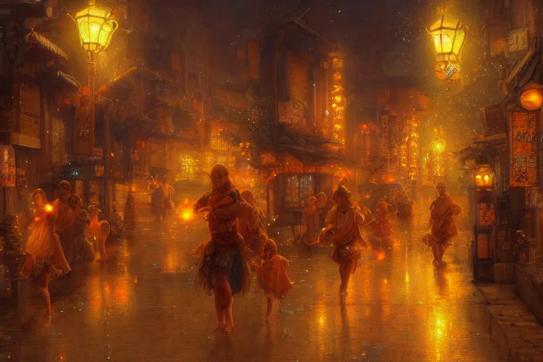 Image similar to fantasy art of glowing goldfish swimming in the air, in the streets of a japanese town at night, with people watching in wonder, by gaston bussiere, highly detailed digital art, trending on artstation