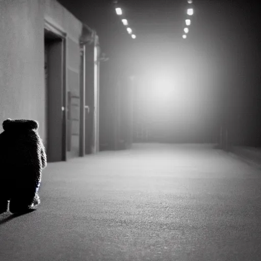 Prompt: dark photograph of a small bear mascot with a spotlight focused on him walking through a large wooden doorway