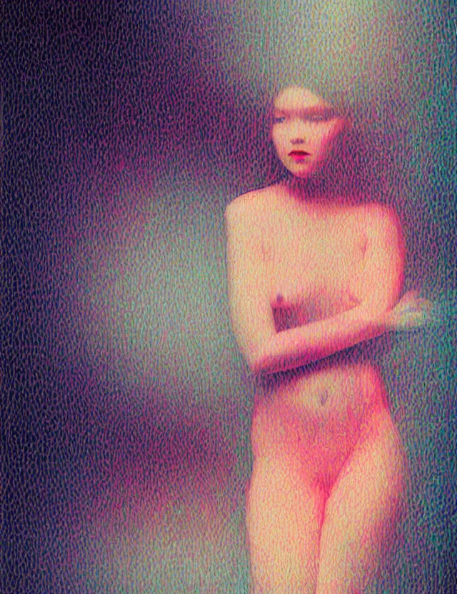 Image similar to dressed girl at home at night, redshift, wide high angle view, coloured polaroid photograph with flash, kodak film, hyper real, stunning moody cinematography, anamorphic lenses, by maripol, fallen angels by wong kar - wai, style of suspiria and neon demon and bahnhof zoo, detailed, oil on canvas, pixelated, glitch datamosh