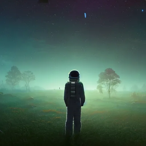 Image similar to A astronaut gazing upon an amazing alien forest landscape, digital art, breathtaking, golden ratio, extremely detailed, establishing shot, hyperrealistic, cinematic lighting, particles, unreal engine, simon stålenhag, rendered by Beeple, Makoto Shinkai, syd meade, simon stålenhag, Ruan Jia, Kentaro Miura, environment concept, artstation, octane render, 8K UHD image