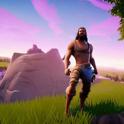 Image similar to screenshot of jesus in fortnite, unreal engine 5, 4 k, render, high definition