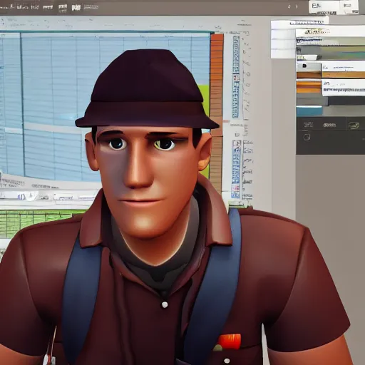 Prompt: TF2 scout confused a computer on an office desk, game render