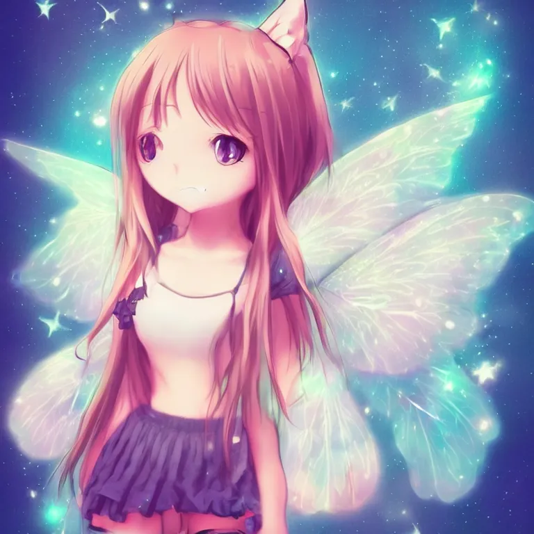 Image similar to cute, full body, female, anime style, a cat girl with fairy wings, large eyes, beautiful lighting, sharp focus, simple background, creative, heart effects, filters applied, illustration