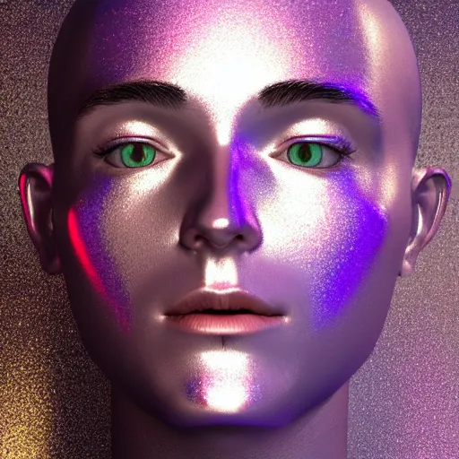 Image similar to 3d render of holographic human robotic head made of glossy iridescent, surrealistic 3d illustration of a human face non-binary, non binary model, 3d model human, cryengine, made of holographic texture, holographic material, holographic rainbow, concept of cyborg and artificial intelligence