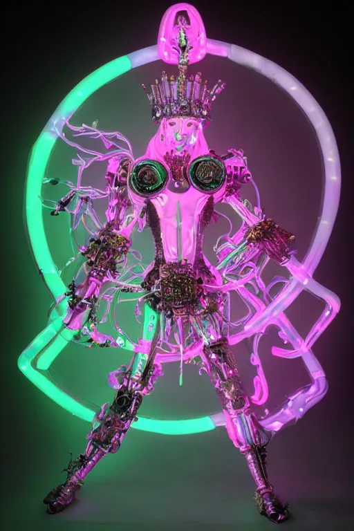 Prompt: full-body baroque and bladerunner style pink neon statue of a beautiful goddess ((mech humanoid)) dancing sim roupa, (((glowing white face))), (crown of golden steampunk gears), emeralds, swirling silver silk fabric. futuristic elements. prismatic liquid rainbow light, full-length view. space robots. (((human skulls))). throne made of bones, intricate artwork by caravaggio. Trending on artstation, octane render, cinematic lighting from the right, hyper realism, octane render, 8k, depth of field, 3D